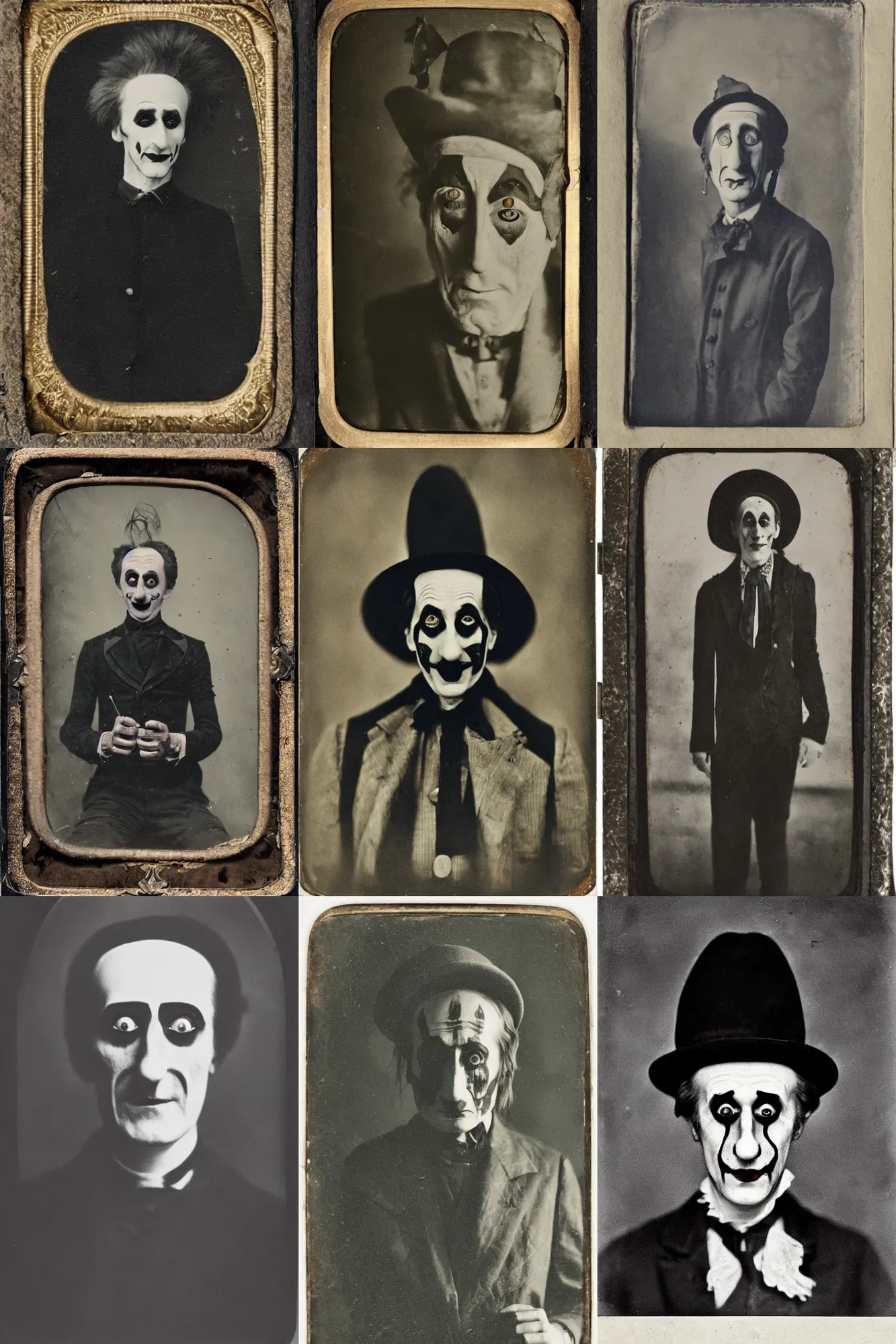 Prompt: an old tintype portrait of Marcel Duchamp disguised as a gothic clown