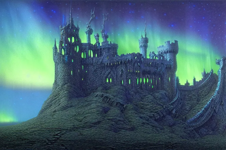 Image similar to highly detailed photoreal eldritch biomechanical castle on a cliff, aurora borealis, psychedelic by alan lee, john howe. ted naismith