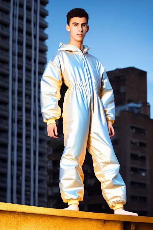 Image similar to un ultra high definition studio quality photographic art portrait of a young man standing on the rooftop of a british apartment building wearing soft baggy inflatable padded iridescent pearlescent jumpsuit. three point light. extremely detailed. golden ratio, ray tracing, volumetric light, shallow depth of field. set dressed.