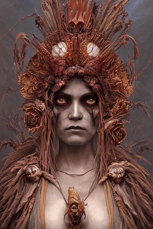 Prompt: gorgeous detailed 3 d matte painting tanned female empress of the dead, by ellen jewett, tomasz alen kopera and justin gerard | symmetrical, native american, ominous, magical realism, texture, intricate, ornate, royally decorated, skull, skeleton, whirling smoke, embers, red adornments, red torn fabric, radiant colors