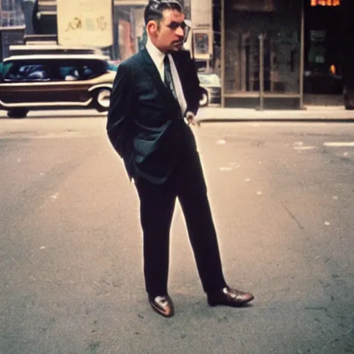 Image similar to portrait of a man in a suit in the streets of new york, 1 9 6 0 s, colour film street photography, photo taken with ektachrome, featured on flickr, photographed on damaged film