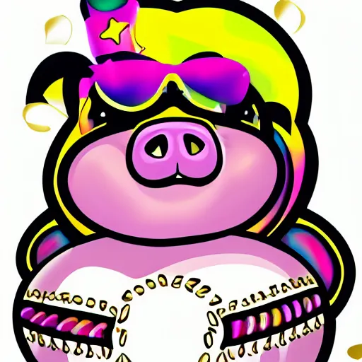 Image similar to lisa frank dashing pig wearing a simple gold throwing a football in the style of Andy J Pizza