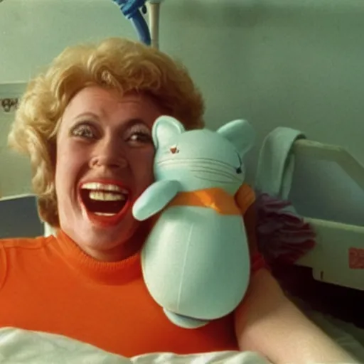 Image similar to happy woman who has given birth to a squishy inflatable toy, in hospital bed, 1974 color Fellini film, technicolor film, 16mm, wacky children's tv with anthropomorphic animal