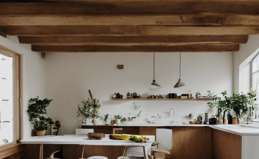 Image similar to interior of an a frame cabin kitchen with many plants, bed, white walls, wood beams, vintage orange fridge, swedish design, natural materials, minimalism, warm wood, earth colors, feng shui, rustic, white, beige, bright, plants, windows with a view of a green park, modernist, 8 k