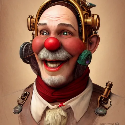 Image similar to 1800's vintage portrait of a grinning steampunk male gnome with big red nose, highly detailed, digital painting, art by Stanley Lau and Artgerm and magali villeneuve and Alphonse Mucha, artstation, octane render, cgsociety