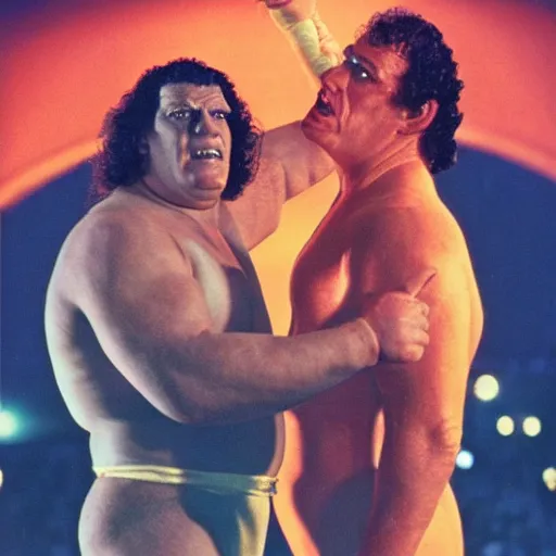 Prompt: WWF poster for shrek vs andre the giant at wrestlemania 8, dramatic lighting, 8k ,