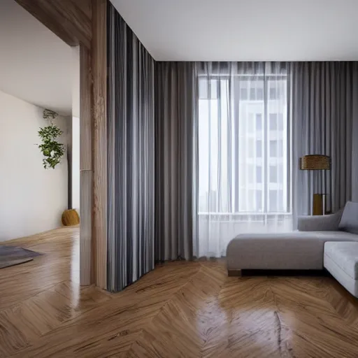 Image similar to a modern apartment with wood floors in a high-rise building downtown ultra-realistic 3D render architecture