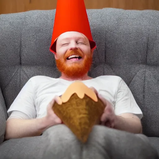 Prompt: drunk ginger haired man slouched on the couch smiling wearing a cone on his head