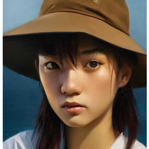 Image similar to oil painting by ilya kuvshinov,, baugh casey, artgerm craig mullins, coby whitmore, of a youthful japanese girl, long hair, fishing and wearing fisherman's outfit, fisherman's hat, highly detailed, breathtaking face, studio photography, noon, intense bounced light, water reflection, large tree casting shadow, serine intense sunlight