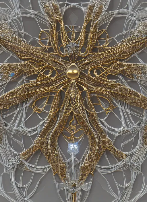 Image similar to a magnificent symmetrical being made of detailed crystals light and golden gothic ornaments by alex gray. 3D, 8k resolution