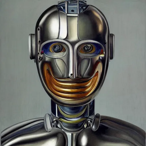 Image similar to high quality high detail painting by lucian freud, hd, portrait of futuristic highly detailed symmetrical robot, photorealistic lighting