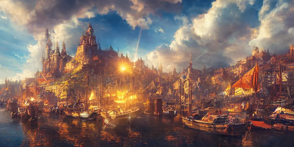 Image similar to beautiful seventeenth century harbour city, vivid colors, gorgeous clouds, god rays, digital art, landscape, fantasy art, octane render, ureal engine, high detail, very realistic, by ross tran