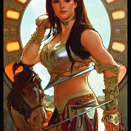 Image similar to xena warrior princess eating at a restaurant art by artgerm and greg rutkowski and alphonse mucha - w 7 6 8