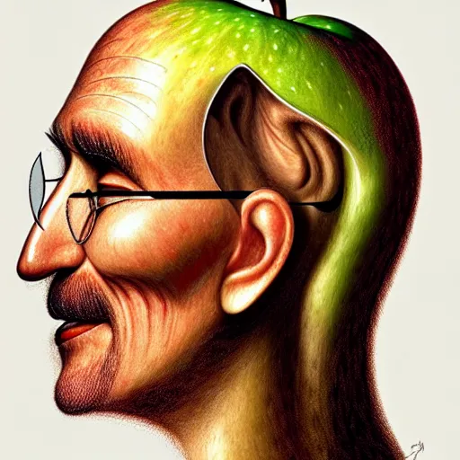 Prompt: a pile of apples, apples, apples arranged in the shape of a face resembling steve jobs, apples, fantasy, intricate, elegant, highly detailed, lifelike, photorealistic, digital painting, artstation, illustration, smooth, sharp focus, art by giuseppe arcimboldo