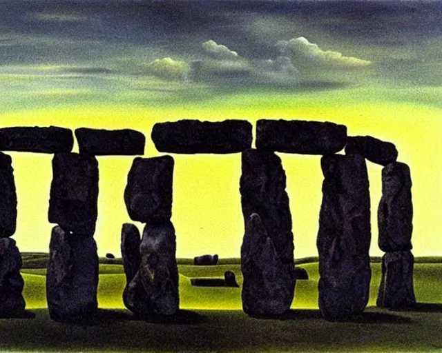 Image similar to surreal objects and actions. painting of Stonehenge by Salvador Dali. several layers of perspective. Manifestations of the subconscious. Cryptic symbolism. Many points of view. mind bending illusions of perception
