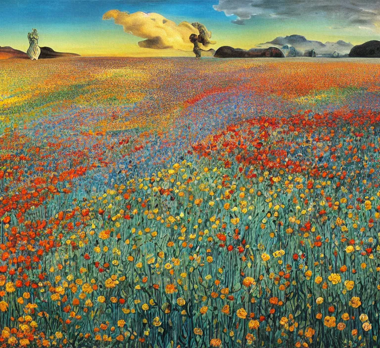 Image similar to highly detailed oil painting of a field of flowers painted by salvador dali