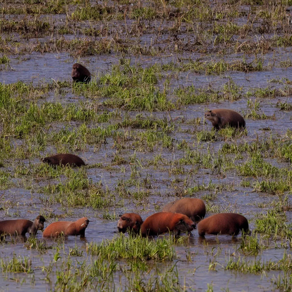 Prompt: capybaras in wetland engulfed in fire