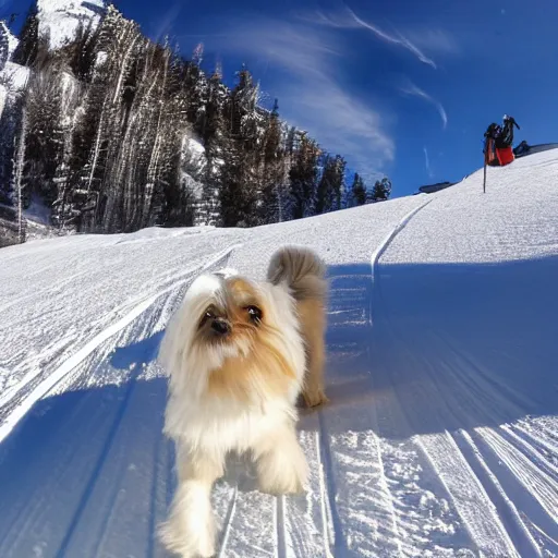 Image similar to a cream-colored havanese dog backcountry alpine skiing , gopro photo, 4k