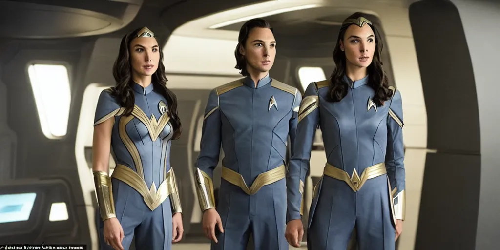 Image similar to Gal Gadot, in full starfleet uniform, is the captain of the starship Enterprise in the new Star Trek movie