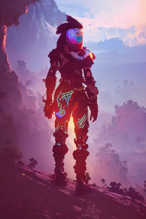 Image similar to combination suit armor aloy horizon forbidden west horizon zero dawn radiating a glowing aura global illumination ray tracing hdr fanart arstation by ian pesty and alena aenami artworks in 4 k tribal robot ninja mask helmet backpack