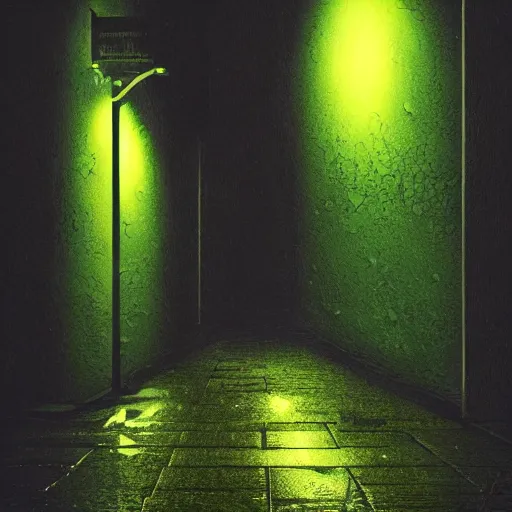 Prompt: green goo, glowing, dripping from a light post, dark alley, night, eerie scene, trending on artstation