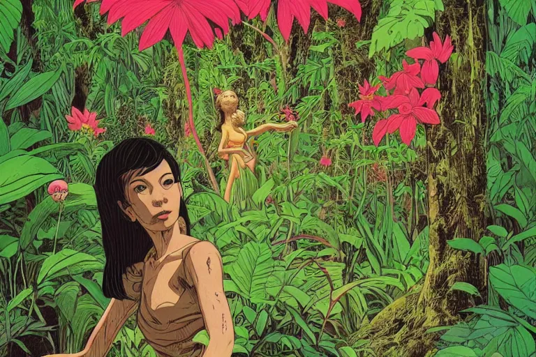 Image similar to woman, dense jungle, trees, huge flowers, risograph!, omnious, dark, oldschool vintage sci - fi flat surreal design, super - detailed, painting by moebius and satoshi kon and jodorowski and katsuhiro otomo and kim jung gi, hd, 4 k, high quality