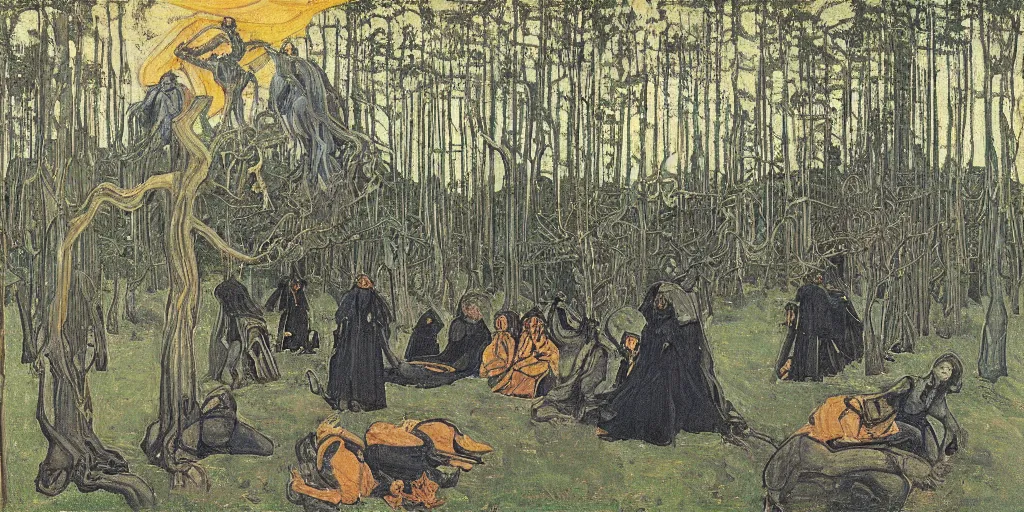 Image similar to oil painting huge spider with witches in forest by ferdinand hodler