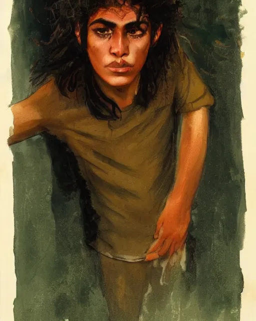 Image similar to a beautiful but sinister ethnically ambiguous young man in layers of fear, with haunted eyes and wild hair, 1 9 7 0 s, seventies, woodland, a little blood, moonlight showing injuries, delicate embellishments, painterly, offset printing technique, by brom, robert henri, walter popp