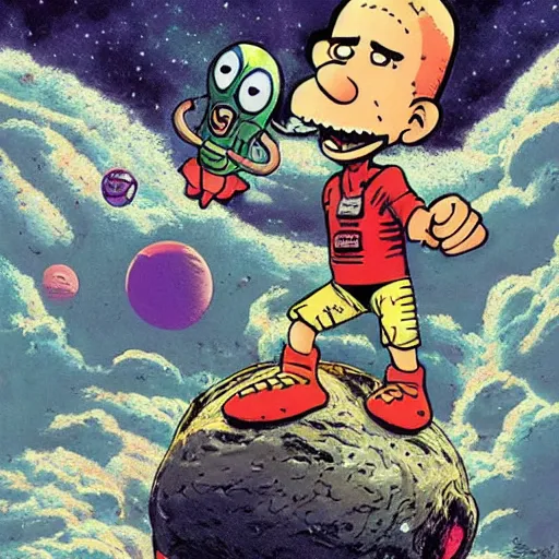 Image similar to artwork of bill watterson with space aliens.