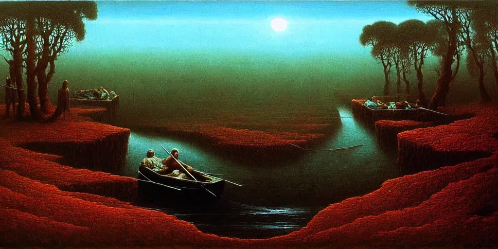 Image similar to A very detailed painting in the style of Beksinski featuring a river in Europe surrounded by trees and fields. A rubber dinghy is slowly moving through the water. Sun is shining