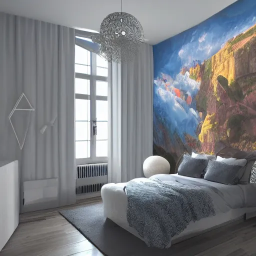 Prompt: a cozy bedroom interior with wall murals painted by a genius, detailed, high resolution, wow!, intricate, volumetric lighting, raytracing