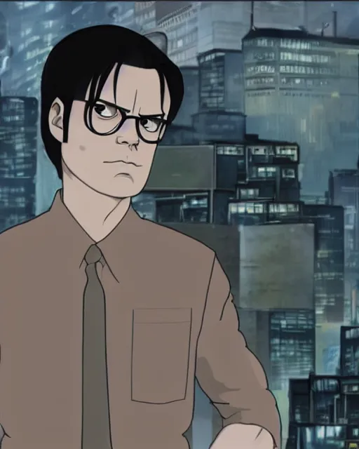 Image similar to a still of dwight schrute in ghost in the shell. anime style. highly detailed.