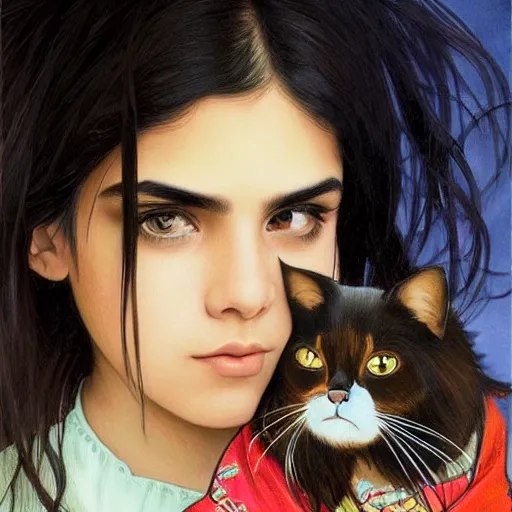 Image similar to cute emo mexican girl and her cat, with long dark hair, thick eyebrows!!! deep dark big shiny eyes and dark circles!, wide nose!!!, oval face shape, big cheeks! by juan villafuerte, greg rutkowski and alphonse mucha, pexels contest winner, high quality photo, rtx, hd