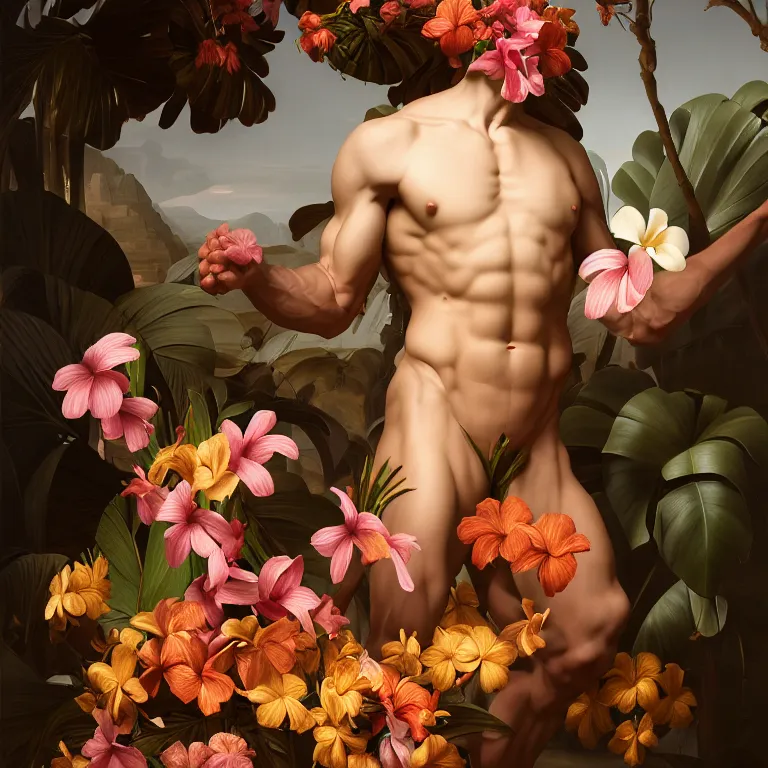 Prompt: still life of human muscular body covered with tropical flowers, wide shot, soft glow bloom lucid dream - like ethereal atmosphere, baroque portrait painting, perfect composition, beautiful intricate detailed octane render trending on artstation, 8 k artistic photography, volumetric cinematic perfect light, chiaroscuro, masterpiece, raphael, caravaggio, rutkowski, beeple, beksinski