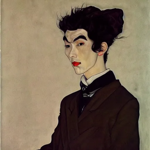 Prompt: full body painting of grumpy handsome thin beautiful man in his 2 0 s named min - jun in a french female maid outfit, modern clothing, elegant, clear, painting, stylized, delicate facial features, stylized thin lines, soft but grumpy, highly detailed, art, art by egon schiele