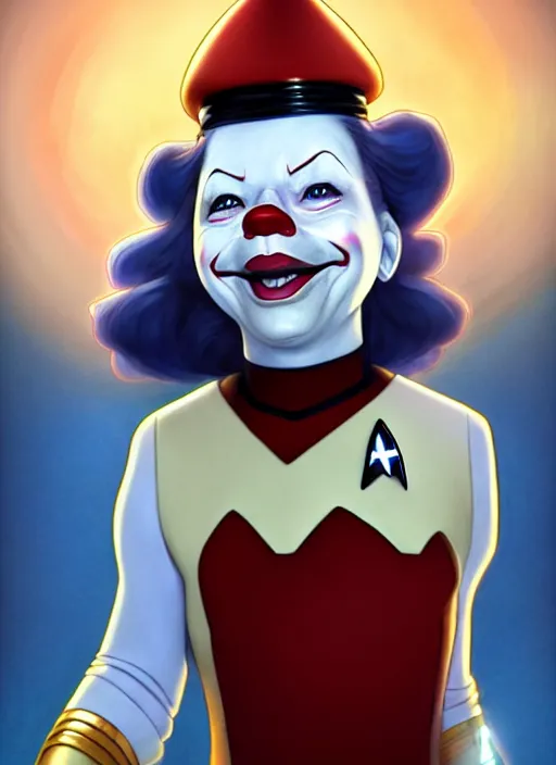 Image similar to cute star trek officer pennywise, natural lighting, path traced, highly detailed, high quality, digital painting, by don bluth and ross tran and studio ghibli and alphonse mucha, artgerm