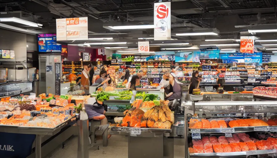 Image similar to A small stand selling sushi stands in a large supermarket that sells groceries, cinematic lighting, commercial photography