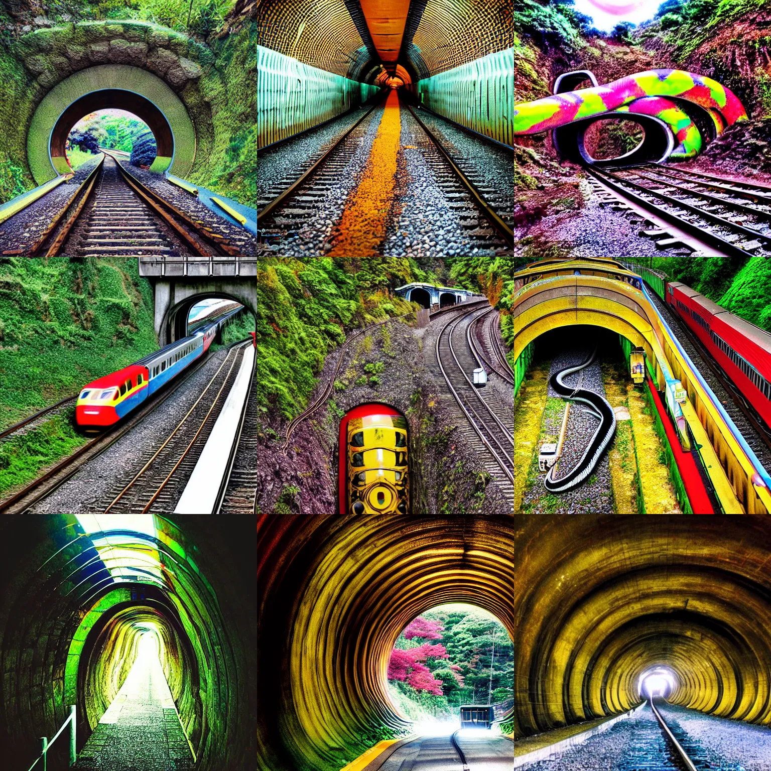 Prompt: photograph of a giant snake emerging from a train tunnel in japan. whimsical fantasy picture, colourful high saturation