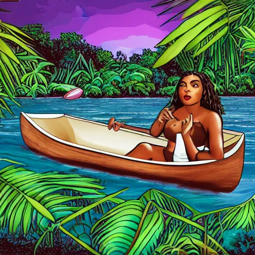 Image similar to a brown-skin woman lying down in a canoe that is floating down a river on an alien planet, in the background is lush alien jungle, detailed face background detail, graphic novel,