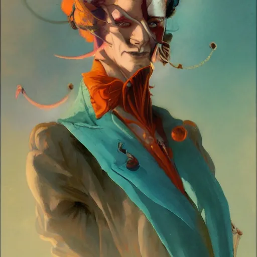 Image similar to beautiful fantasy character portrait of a hero in the 1 9 2 0 s, wearing 1 9 2 0 s cloth hair, coloured in teal and orange, muted colours, by peter mohrbacher, hajime sorayama, wayne barlowe, boris vallejo, aaron horkey, gaston bussiere, craig mullins