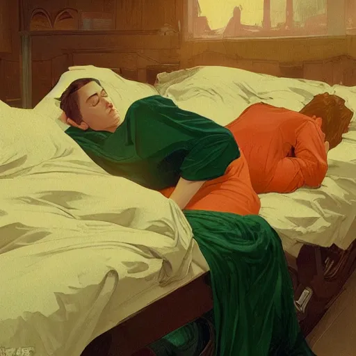 Image similar to guinness bottles and young man in orange shirt and a girl in green shirt sleeping in bed, highly detailed, digital painting, artstation, concept art, smooth, sharp focus, illustration, art by artgerm and greg rutkowski and alphonse mucha