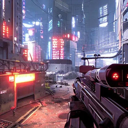 Prompt: NeoTokyo is a multiplayer tactical first-person shooter total conversion modification of Half-Life 2 in a futuristic cyberpunk setting, created by American developer Studio Radi-8.