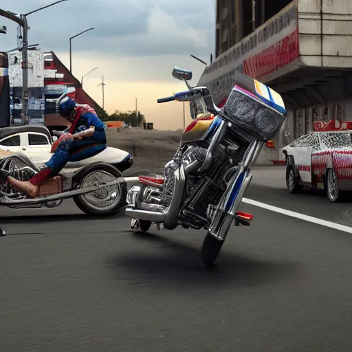 Image similar to evel knievel jumping over vehicles on harley davison 3 d studiomax, maya 3 d, unrealengine, 4 k, 8 k, hdr, extreme render, mind - bending reality, hyper detailed, wide angle ultra - vivid, photo - realistic nikon 3 5 mm, photograph