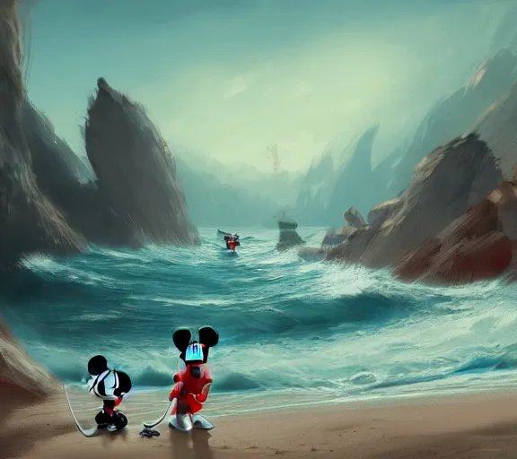 Prompt: Mickey Mouse sitting on a terrifying beach ,Scary sea monsters swim in the distance, dark, dim, nightmarish, digital painting, in the style of raphael lacoste, super detailed, artstation