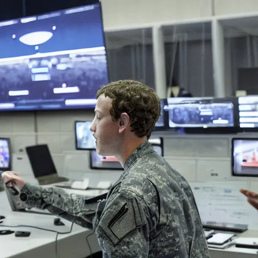 Image similar to mark Zuckerberg controlling a giant military drone from inside a military command center. Images of war on big screens.