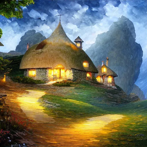 Image similar to cottage on hill cliff cryengine render by android jones, james christensen, rob gonsalves, leonid afremov and tim white