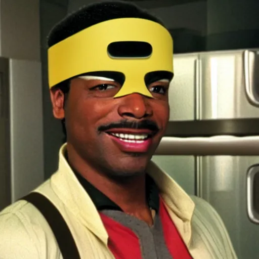 Image similar to Geordi LaForge wearing visor and a colander and random kitchen tools on his head