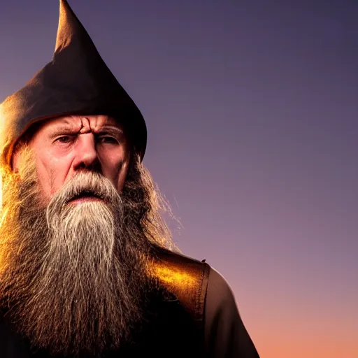 Image similar to scowling angry old wizard with a long white beard casting a spell, Tones of Black in Background, Golden Hour, Field of View, 2 Megapixels, 4-Dimensional