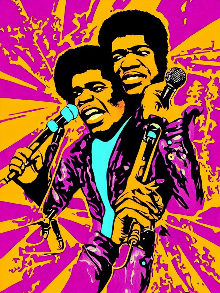 Image similar to psychedelic illustration of james brown holding a microphone, james brown 7 0 ’ s concert poster, highly detailed, colored illustration, “ superbad ”,