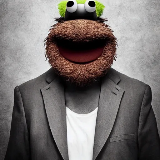 Image similar to a still of a forgotten muppet character looking very manly and modern, hilarious, laughing, hairy chest, huge chin, manly monster tough guy, roughled fur, photo real, photographic, photograph, artstation, trending, featured